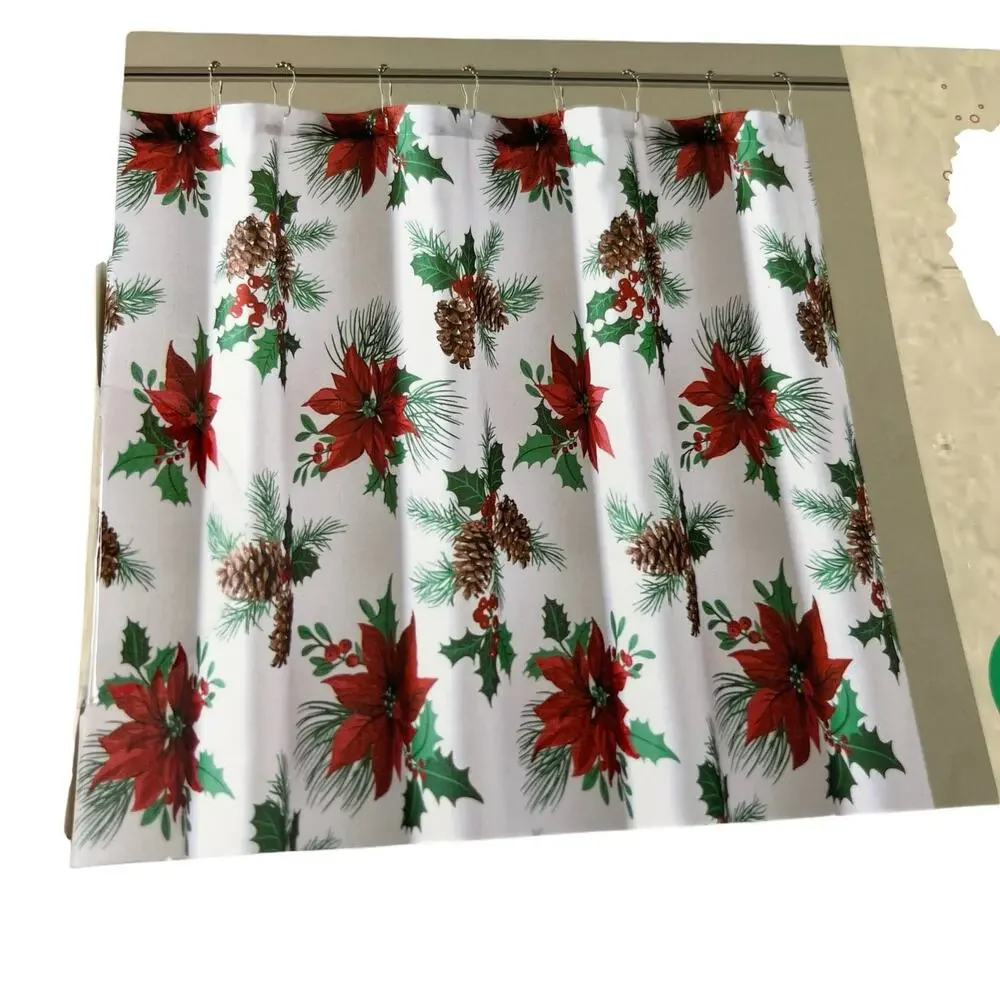 Christmas Shower Curtain Oh Holy Night Poinsettia Pine Hooks New